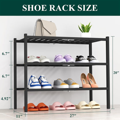 Smiry Bamboo Shoe Rack, 3 Tier Free Standing Wooden Shoe Organizer, Stackable Wood Shoe Storage Shelf for Closet, Entryway, 12 Vertical Slats, 2+1 Stack Standard Legs, 26.8"x11"x19.5", Natural