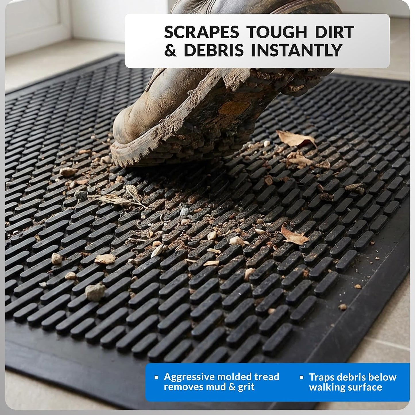 Heavy Duty Rubber Scraper Door Mat – Commercial Grade Indoor Outdoor Entry Mat, Non-Slip Low Profile Dirt Trapping Floor Mat for Front Door, Office, Garage & Store Entrance, Black (3' x 5')