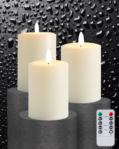 Gmnee 3"x4" Flickering Flameless Candles with Remote Timer, Real Wax, Ivory Pillar Candles, Set of 3 Fake LED Battery Operated Candles for Home, Fireplace, Centerpiece, Rustic and Farmhouse Decor