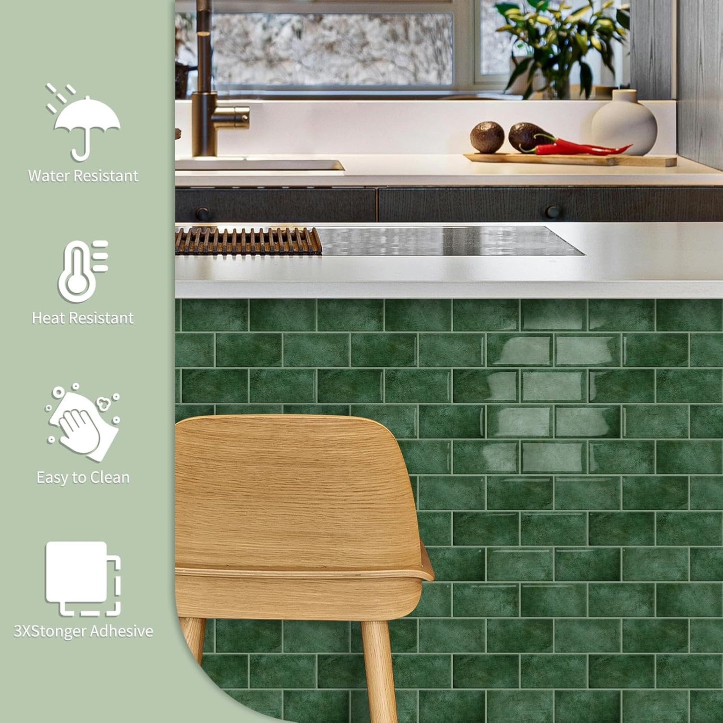 10-Sheet Thick Peel and Stick Kitchen Backsplash Tiles(Green,12"×12") | 3D Subway Waterproof Self-Adhesive Wall Tile Stick on Backsplash for Kitchen and Bathroom