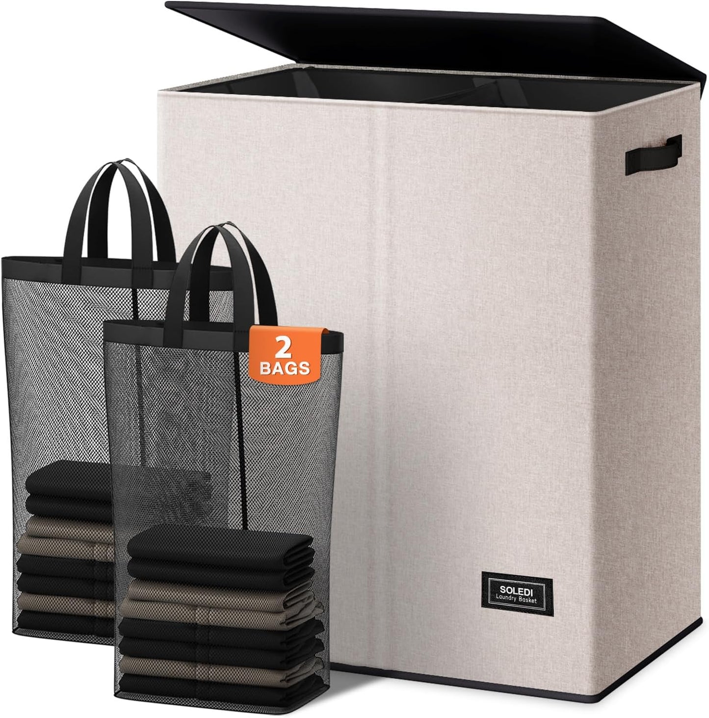 SOLEDI Luxury Double Laundry Hamper with Lid and Removable Bags, 38.3 Gal Large Laundry Bin, Laundry Basket 2 Sections, Collapsible Clothes Hamper for Bedroom, Laundry Room, Bathroom, Off-white
