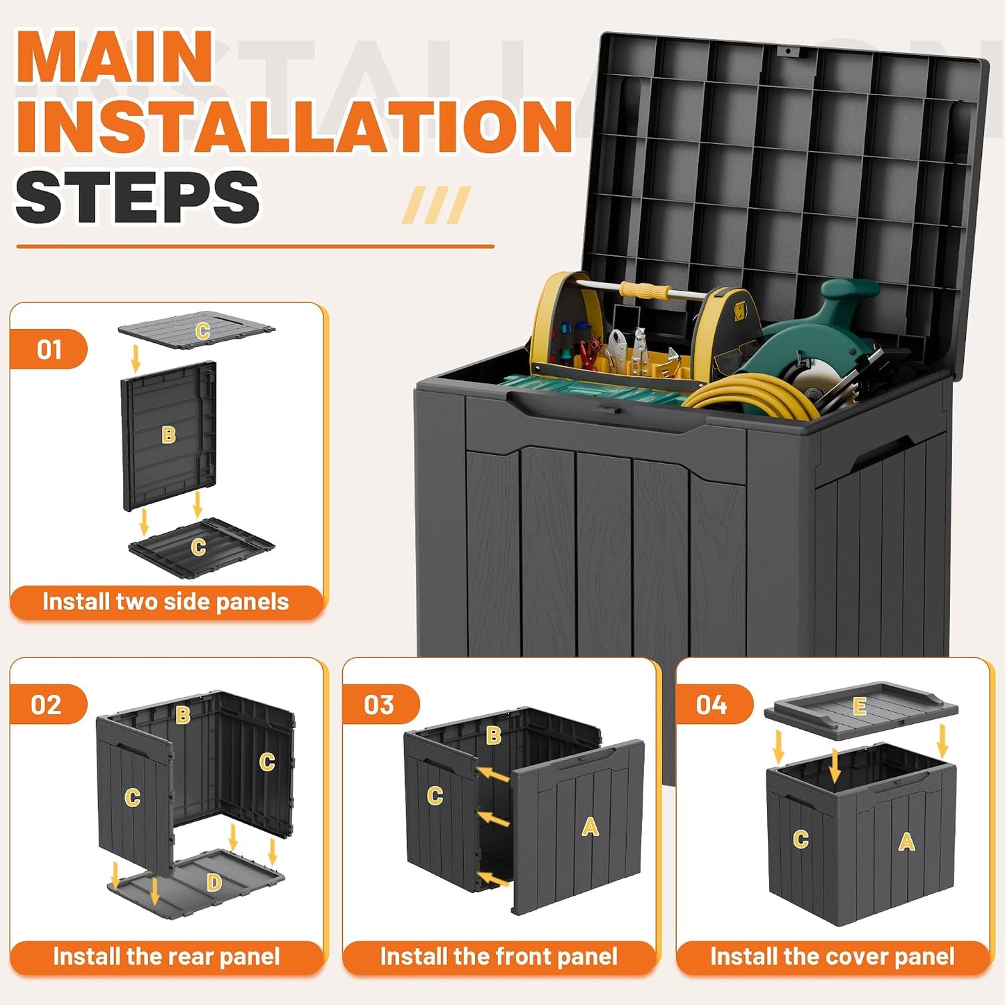 32 Gallon Deck Box Outdoor Indoor Waterproof Storage Box for Patio Furniture, Pool Accessories, Garden Tools, and Cushion Storage, Black
