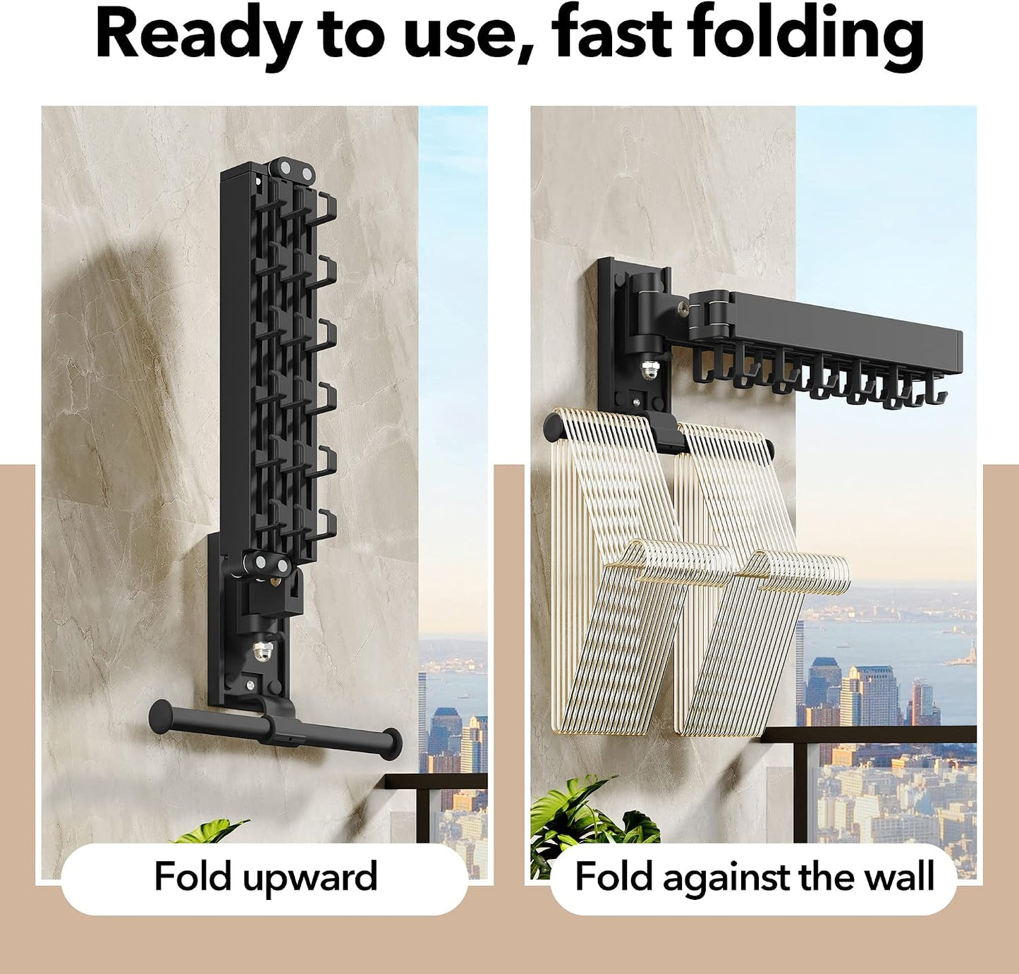 HEILAIYI Clothes Drying Rack for Laundry,Wall Mounted Clothes Hanger Rack,Folding,Retractable,Collapsible(J Shape Hooks)