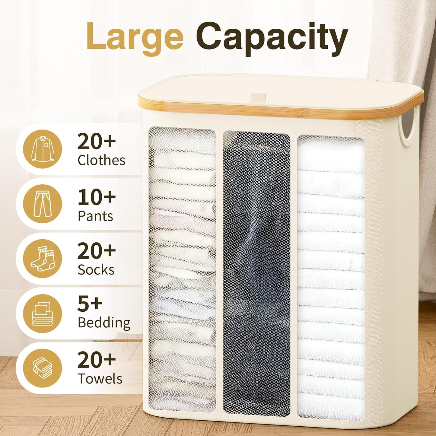 Hampers for Laundry Basket with Lid, 160L Extra Large 3 Section Clothes Divided Organizer for Bedroom, Laundry Room, Dirty Clothing Hamper, Black