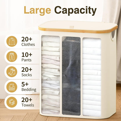 Hampers for Laundry Basket with Lid, 160L Extra Large 3 Section Clothes Divided Organizer for Bedroom, Laundry Room, Dirty Clothing Hamper, Black