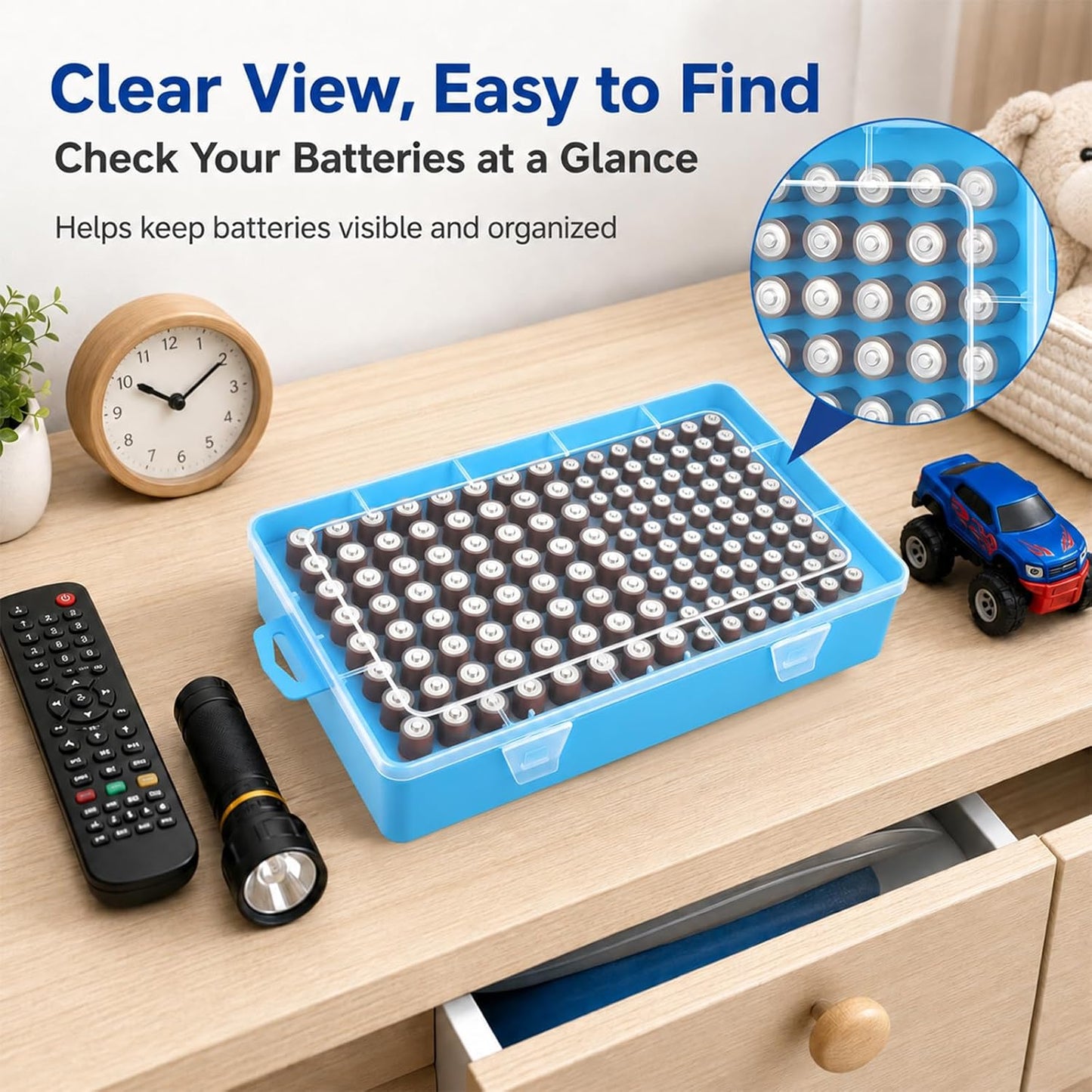 Xuerdon Battery Organizer Case with BT168 Tester 120+ Batteries Storage Box | Clear Plastic Battery Box Holds 49AA 51AAA 10CR2032 10CR1632 Batteries, Wall Mount Drawer Organizer Batteries not Included