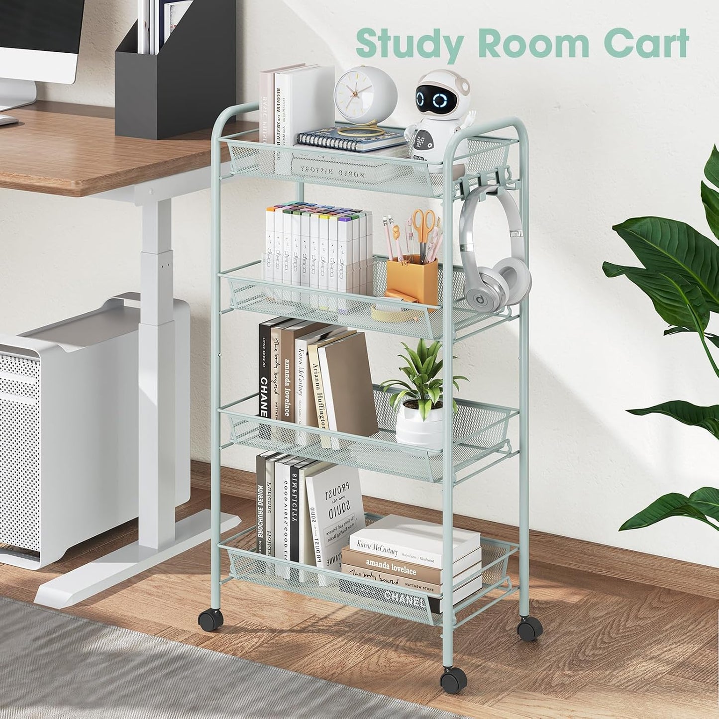 TOOLF 3-Tier Metal Rolling Cart, Mesh Wire Easy Assemble Utility Cart, Storage Trolley on Wheels with 3 Hooks, MetalStorage Shelving Units for Kitchen Bathroom Laundry Room
