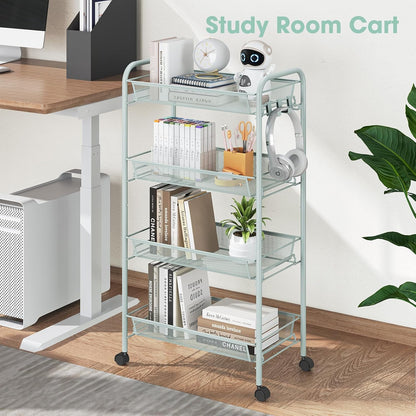 TOOLF 3-Tier Metal Rolling Cart, Mesh Wire Easy Assemble Utility Cart, Storage Trolley on Wheels with 3 Hooks, MetalStorage Shelving Units for Kitchen Bathroom Laundry Room
