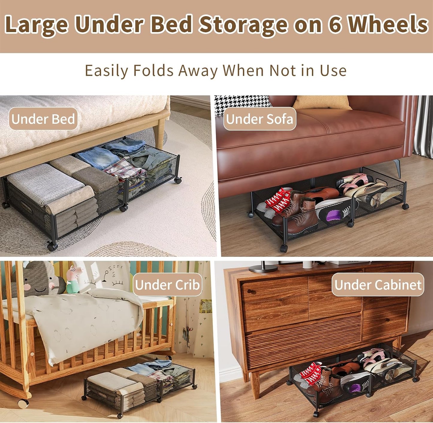 47.2'' Long Under Bed Storage on Wheels, 57.6L Large Capacity Rolling Under the Bed Storage Containers, Tool-Free Assembly Foldable Underbed Shoes Clothes Toy Drawers
