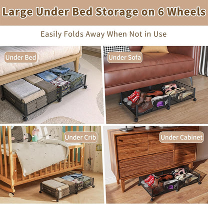 47.2'' Long Under Bed Storage on Wheels, 57.6L Large Capacity Rolling Under the Bed Storage Containers, Tool-Free Assembly Foldable Underbed Shoes Clothes Toy Drawers