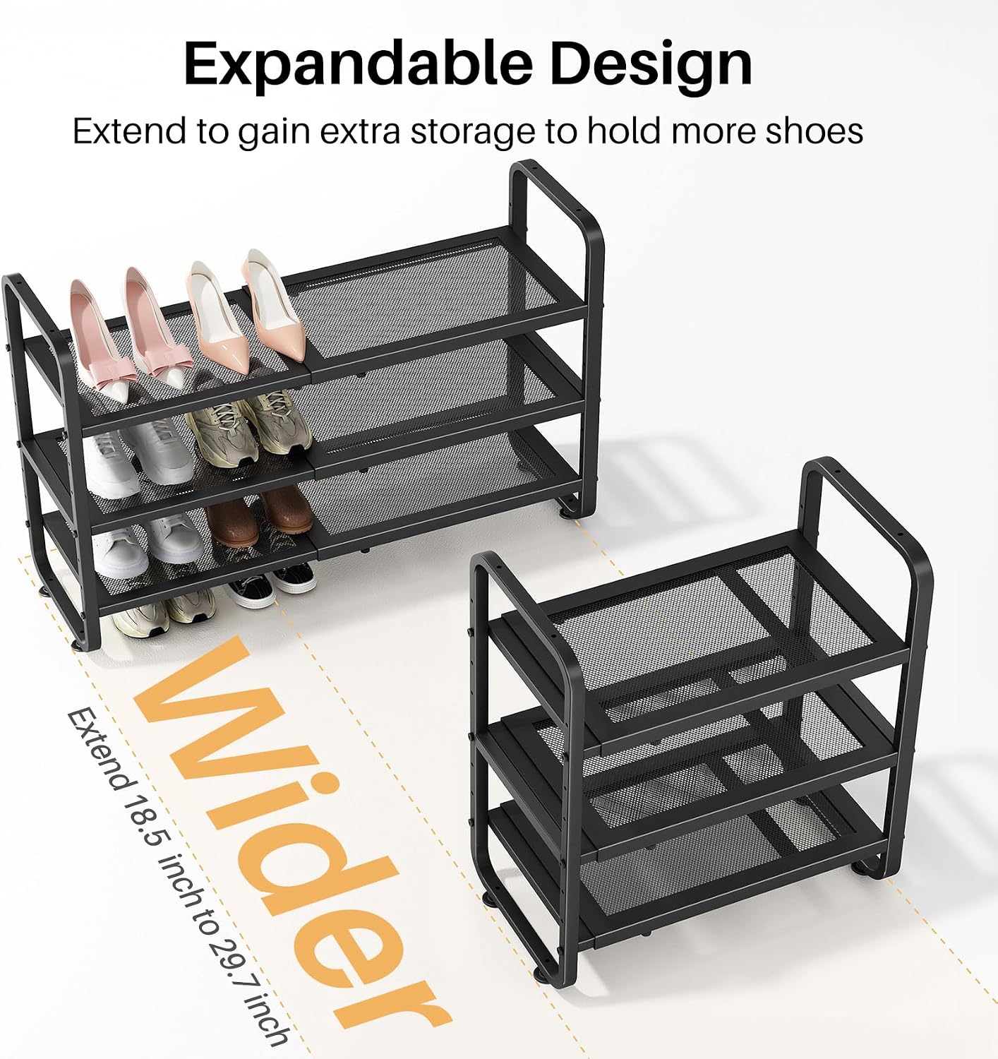 SNTD Shoe Rack - Expandable Shoe Organizer for Closet, Adjustable Metal Shoe Shelf Storage, Stackable Long Shoe Stand Holder for Garage, Entryway, Door Entrance (Black, 2-Tier)