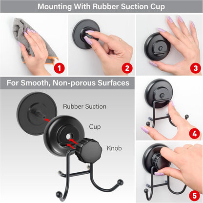 HASKO accessories - Suction Cup Hooks for Shower - Towel Hooks for Bathroom Wall Mounted Shower - Bathroom Hooks for Hanging - Stainless Steel SS304 Towel Holders, Black (2 Pack)