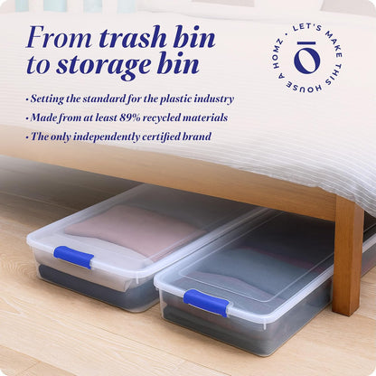 HOMZ 2-Pack Under Bed Storage, Clear Plastic Containers with Lids, 60 Quart, Gray Latch - Stackable Underbed Organizer Bins for Shoes, Bags, Clothes, and Towels