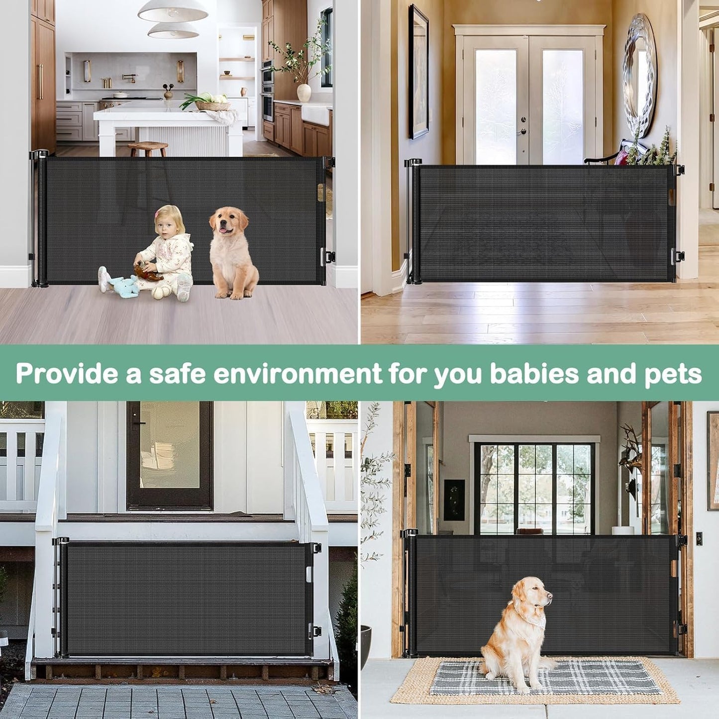 55 Inch Retractable Dog Gate Outdoor Scratch-Resistant Mesh Baby Gate for Stairs Retractable Baby Gates for Doorways Anti-Climb Outdoor Dog Gates for Decks Keep Kid/Pet away from Dangerous Place, Gray