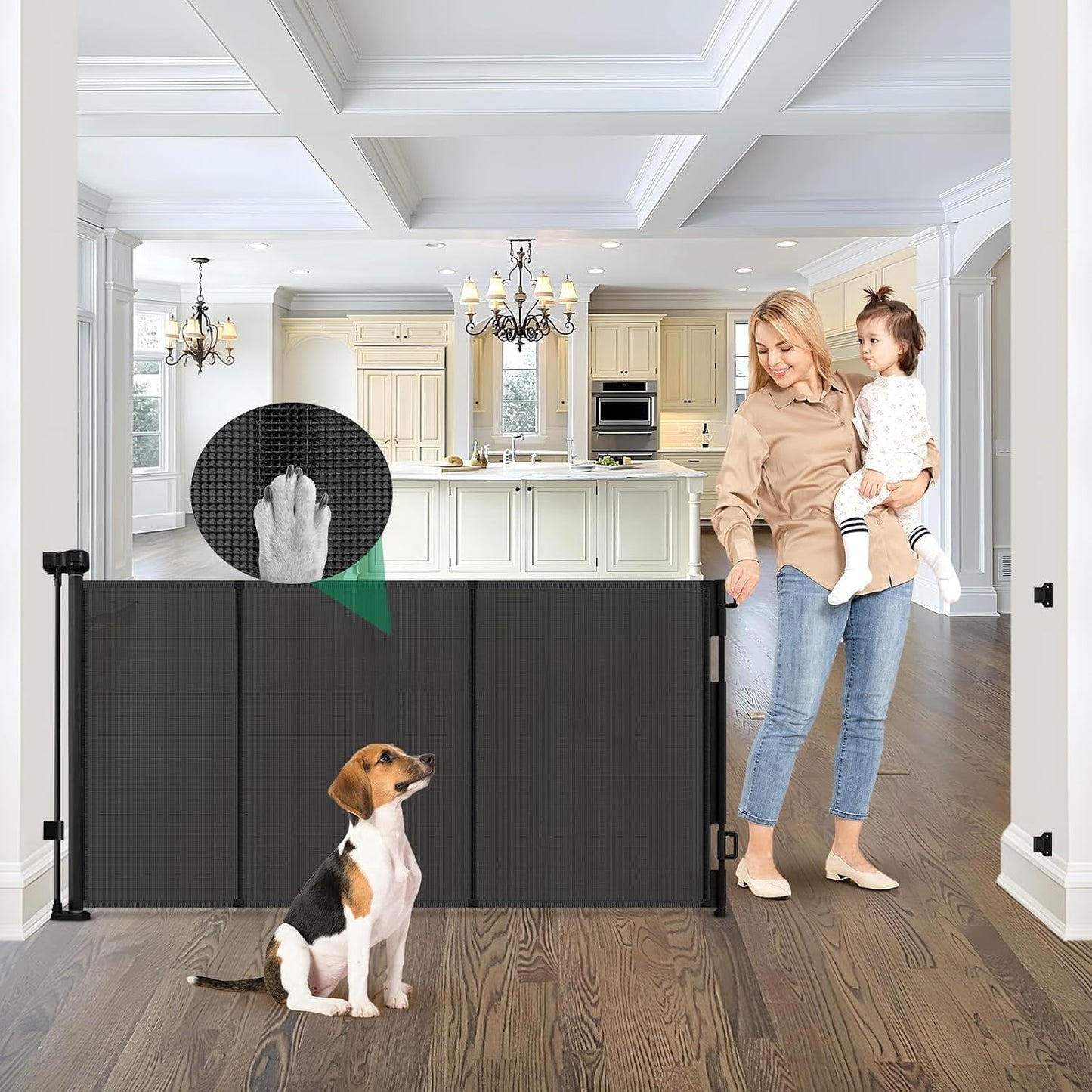 Reinforced 50" Wide Retractable Baby Gates for Doorways, Retractable Dog Gate for Stairs with Support Rods – Prevent Crawling Under, Outdoor Indoor Mesh Baby Gate Retractable Gates for Dogs, White