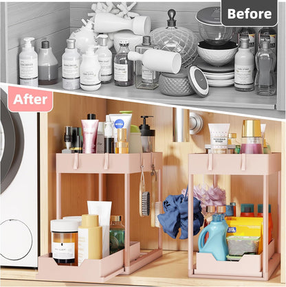 Simple Trending Under Sink Organizer 2 Pack, Sink Pull-Out Sliding Storage Cabinet, 2-Tier Under Shelf Organizer for Kitchen Bathroom, Black