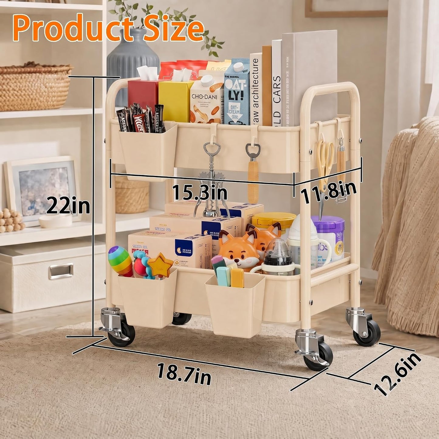 2 Tier Small Rolling Cart Metal with Wheels, White Under Desk Storage Cart on Wheels, Short Utility Roller Caddy Carts Organizer for Art,Craft,Pantry,Bathroom, Two Tiered Shelf Trolley,22 Inches Tall