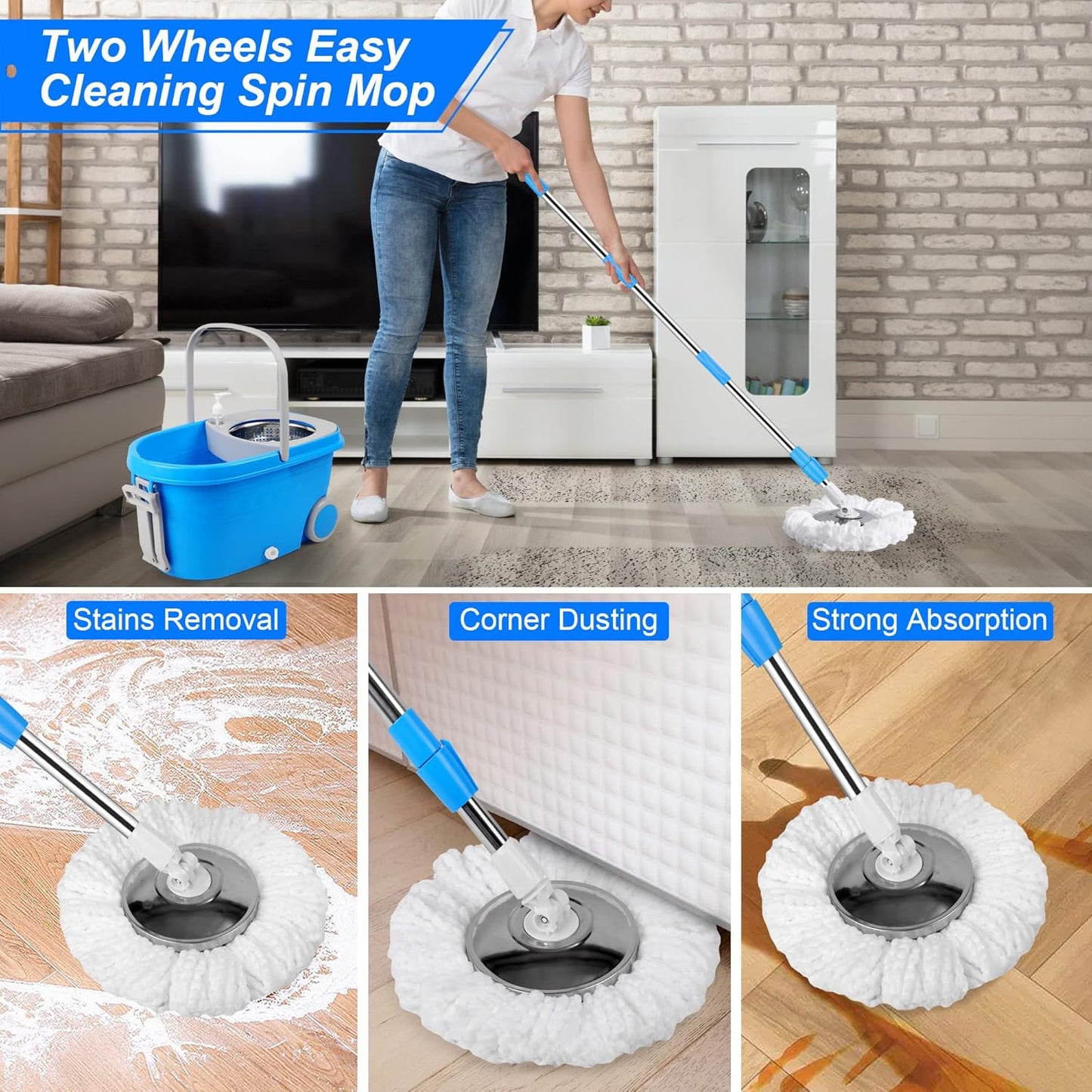 Spin Mop and Bucket with Wringer Set, 360° Spinning Mop Bucket System with 3 Microfiber Mop Replacement Heads and 61" Stainless Steel Adjustable Handle for Floor Cleaning