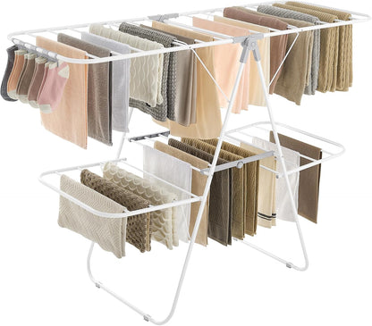 SONGMICS Clothes Drying Rack, with Sock Clips, Metal Laundry Rack, Foldable, Space-Saving, Free-Standing Airer, with 2 Height-Adjustable Gullwings, Indoor Outdoor Use, Gray ULLR052G01