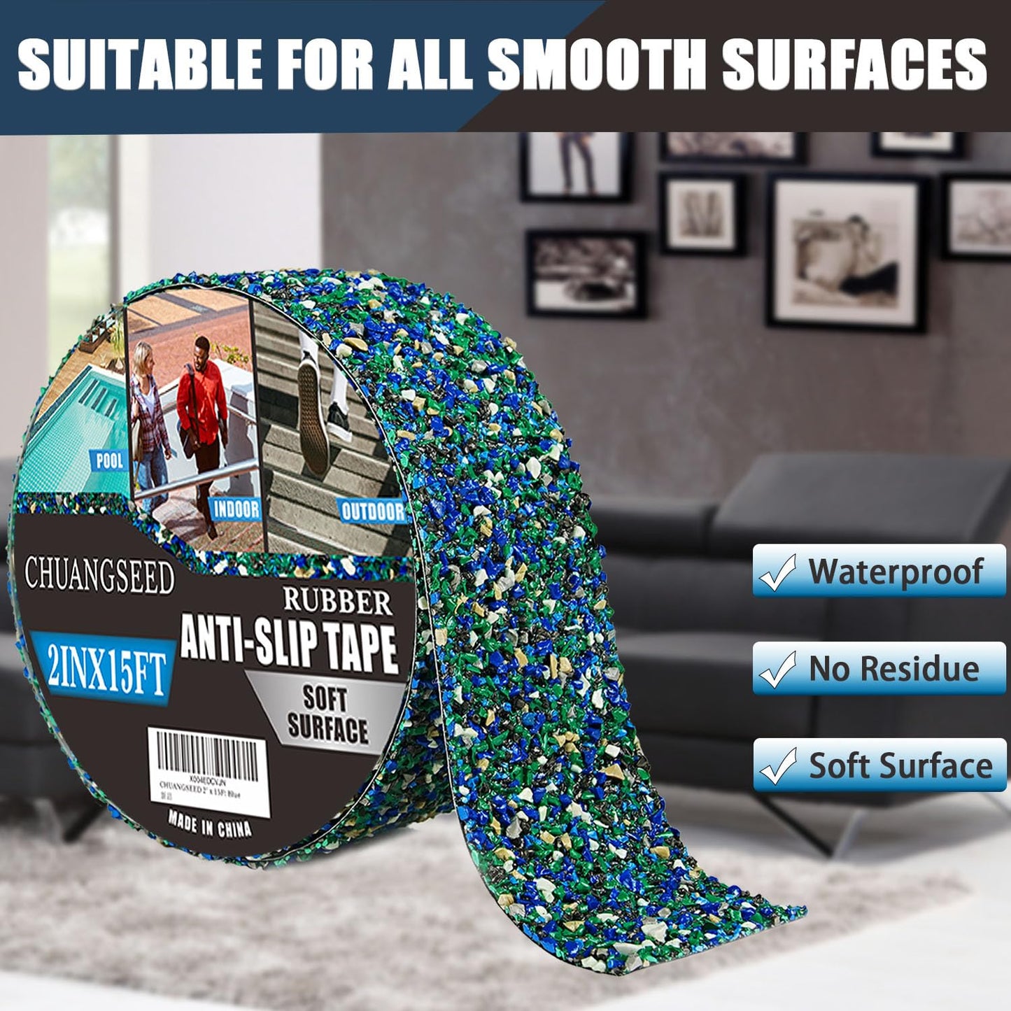 CHUANGSEED Anti-Slip Tape 2" x15ft - Waterproof Blue Safety Grip Tape for Stairs, Pool, Bathroom, Outdoor Steps - Heavy Duty Non-Slip Traction Strip