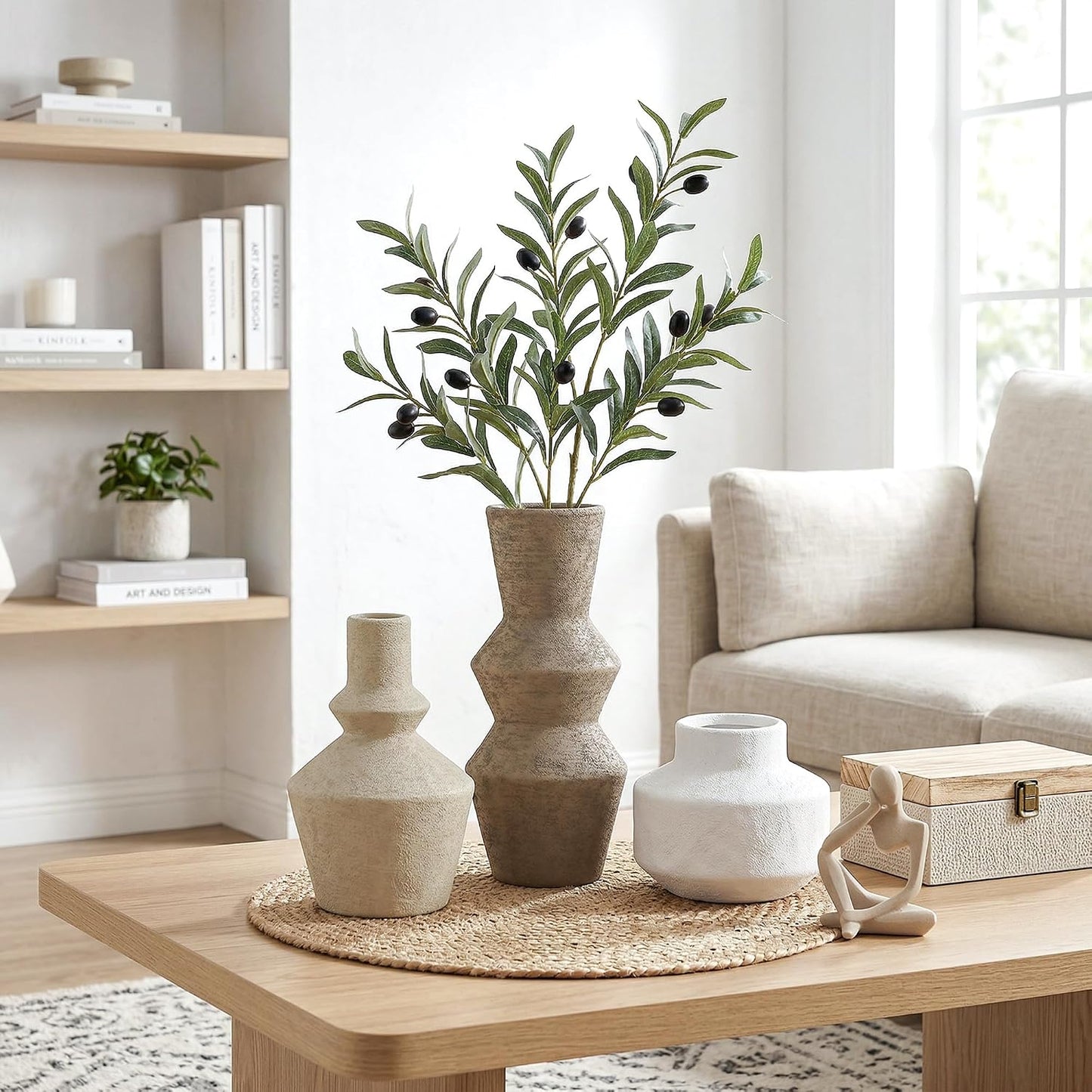 DREAMLOOM Ceramic Vase Set of 3, Modern Rustic Flower Vases for Pampas Grass, Dried & Fresh Flowers, Farmhouse Home Decor Vase for Living Room Bedroom Kitchen Shelf Centerpiece, Classic