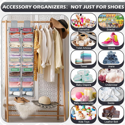 2 Pack 7 Shelf Weekly Clothes Organizer Hanging Closet for Kids with Side Pockets Weekday Shoes Rack Weekly Clothes Organizers Monday Through Weekend Foldable Storage Shelves(Black)