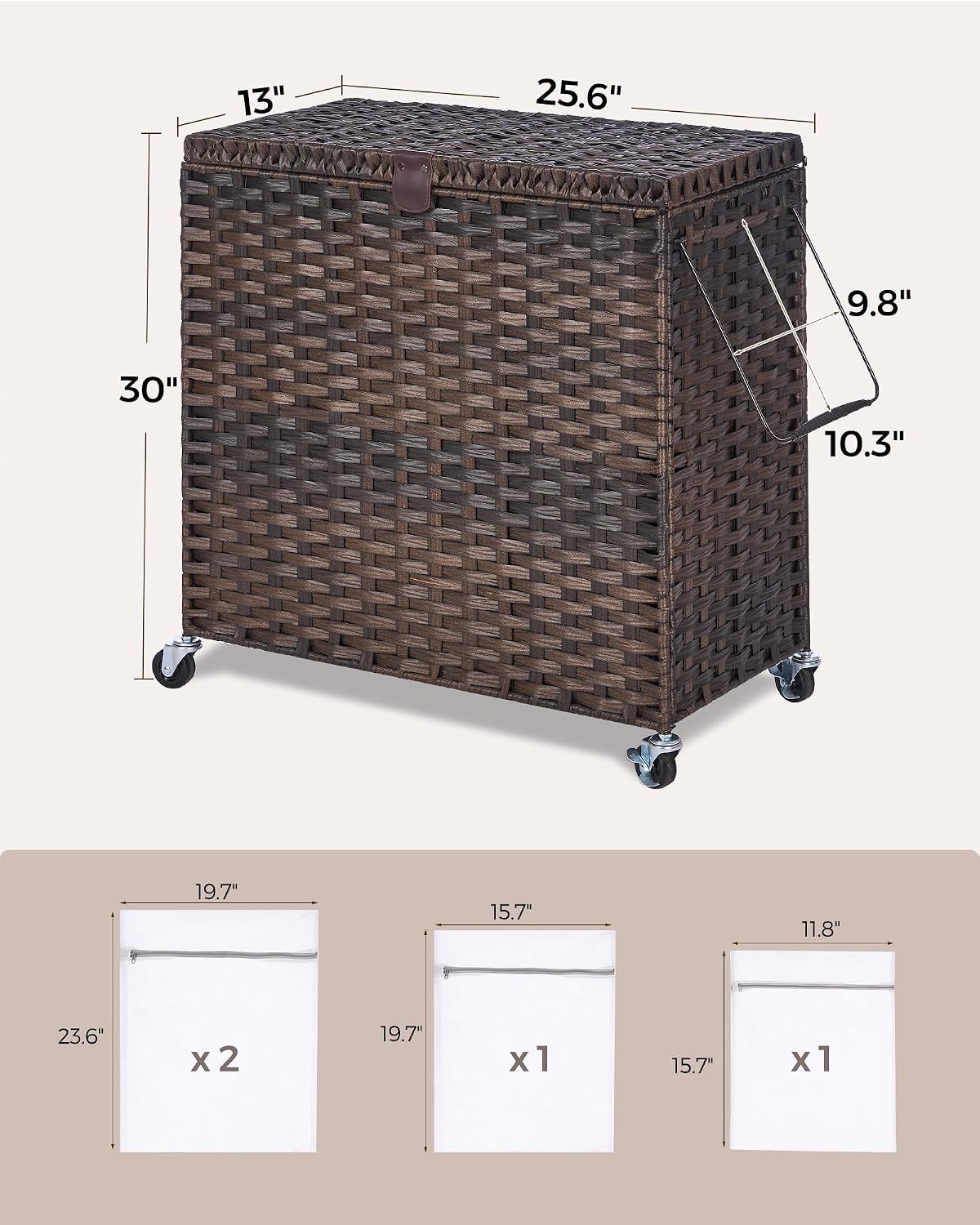 Wicker Laundry Hamper with Wheels and Lid, 3 Section Laundry Hamper with 3 Removable Liner Bags, 130L Laundry Basket with Metal Side Handles & 4 Mesh Laundry Bags, Rolling Clothes Hamper