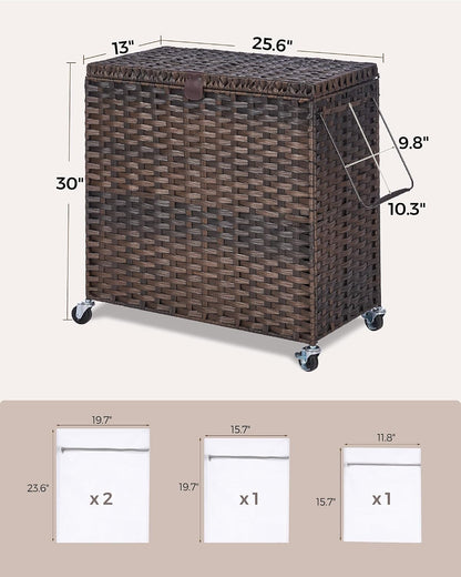 Wicker Laundry Hamper with Wheels and Lid, 3 Section Laundry Hamper with 3 Removable Liner Bags, 130L Laundry Basket with Metal Side Handles & 4 Mesh Laundry Bags, Rolling Clothes Hamper