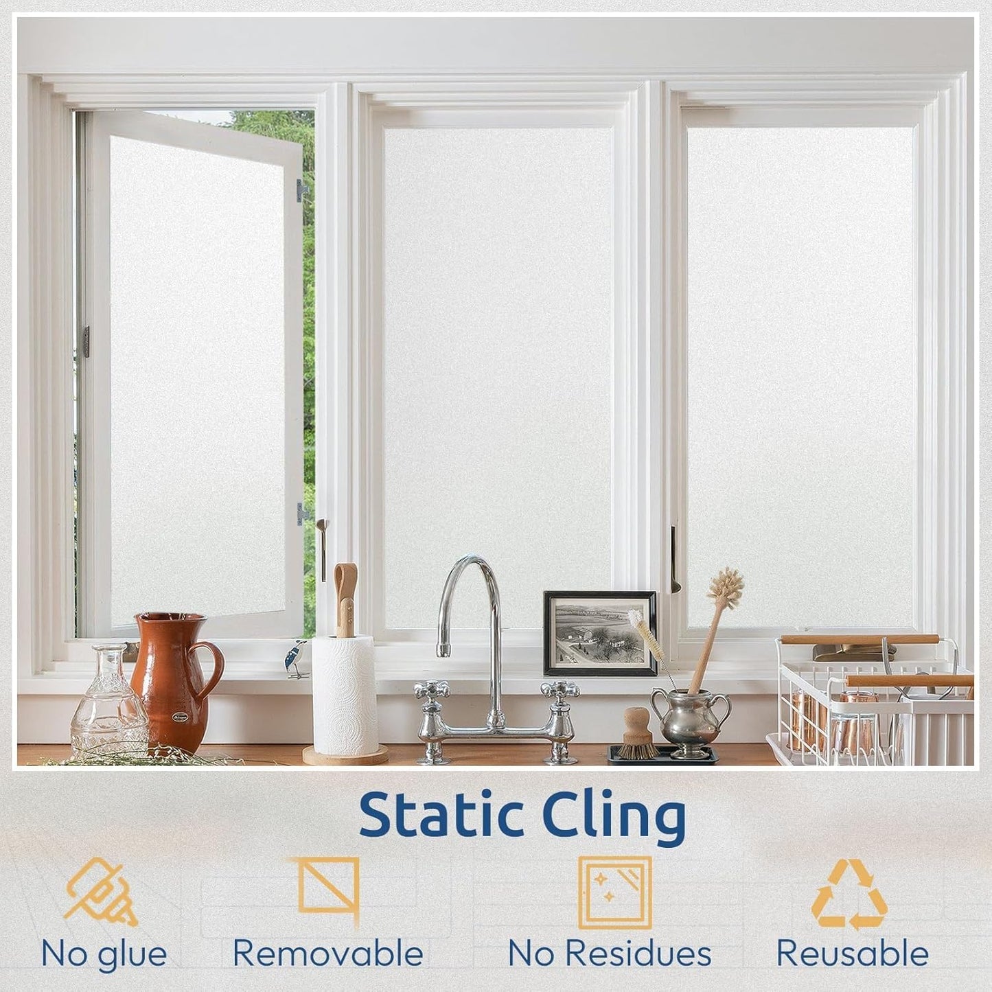 rabbitgoo Window Privacy Film, Frosted Glass Window Clings, Static Cling UV Heat Blocking Door Stickers for Home Bathroom, Removable Indoor Decal Coverings Day and Night, Pure, 17.5 x 78.7 Inches
