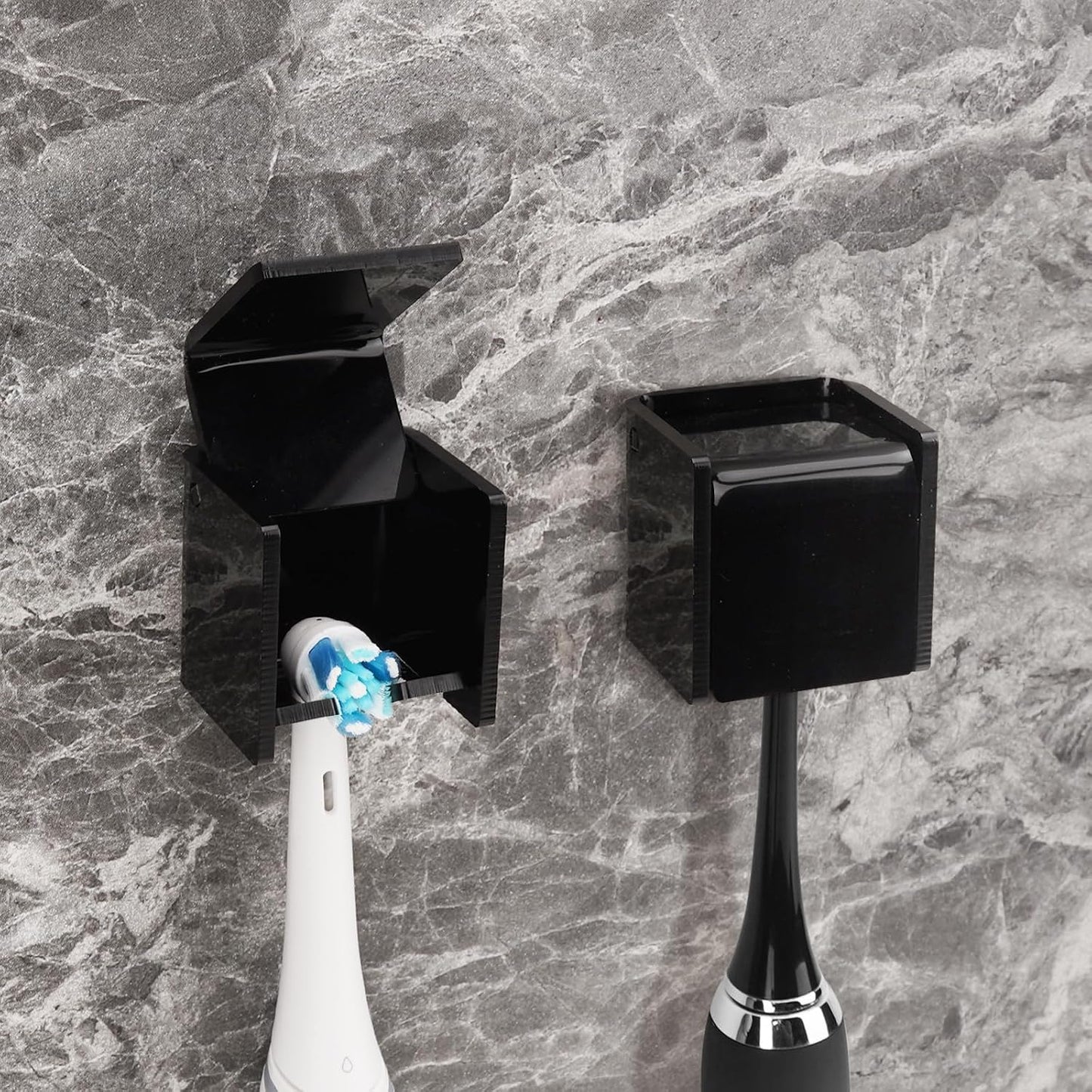 2 PCS Toothbrush Holder Wall Mounted with Cover for Bathroom, Self Adhesive Toothbrush Storage Organizer for Shower, Mini Toothbrush Hanger Rack for Dorm, Cabinet (Black)