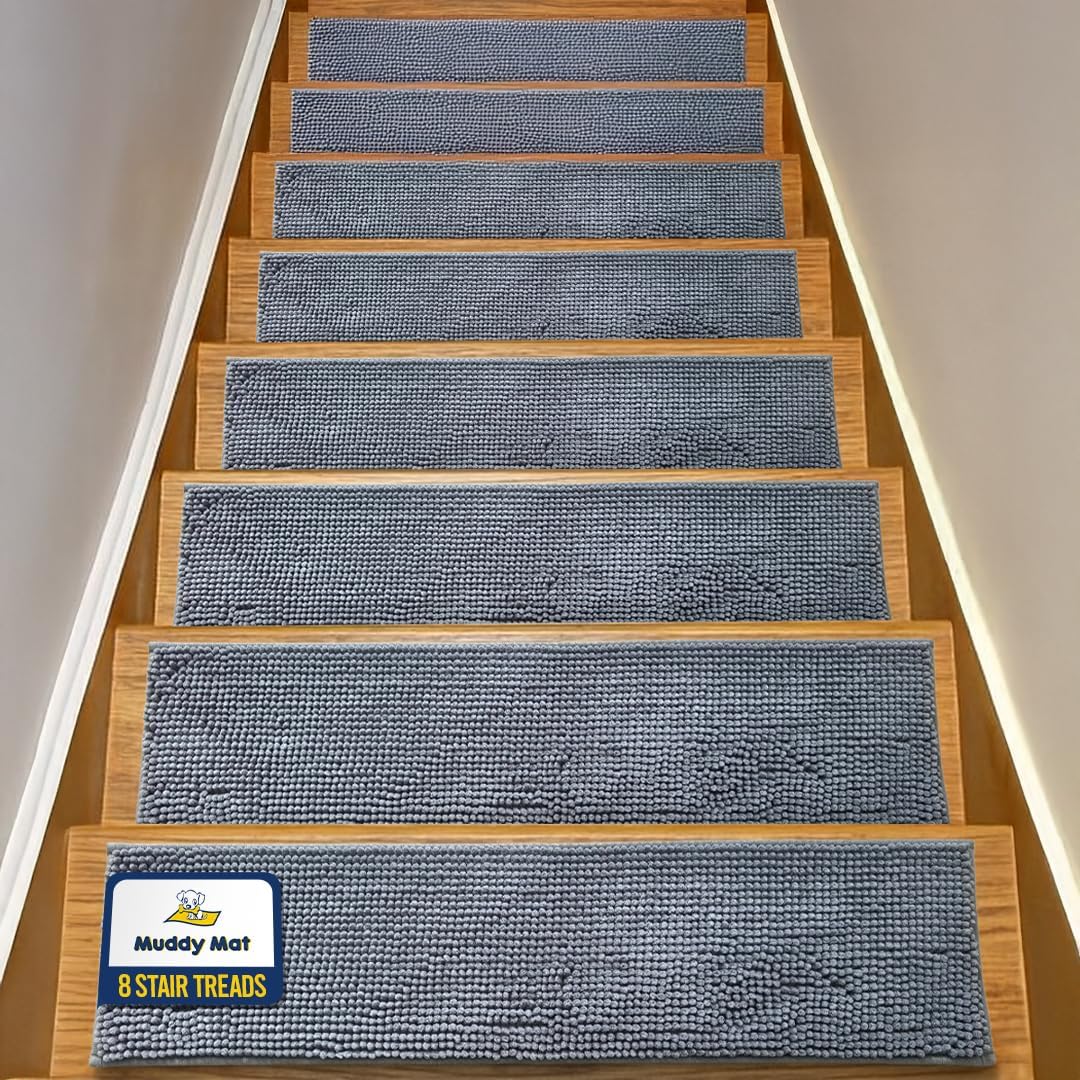 Muddy Mat® Pack of 4 - Soft Chenille Stair Treads Non-Slip Reusable, Super Absorbent Stair Treads for Wooden Steps, Tile & Marble Floor, Easy to Install & Machine Washable - Brown 30'' x 7''