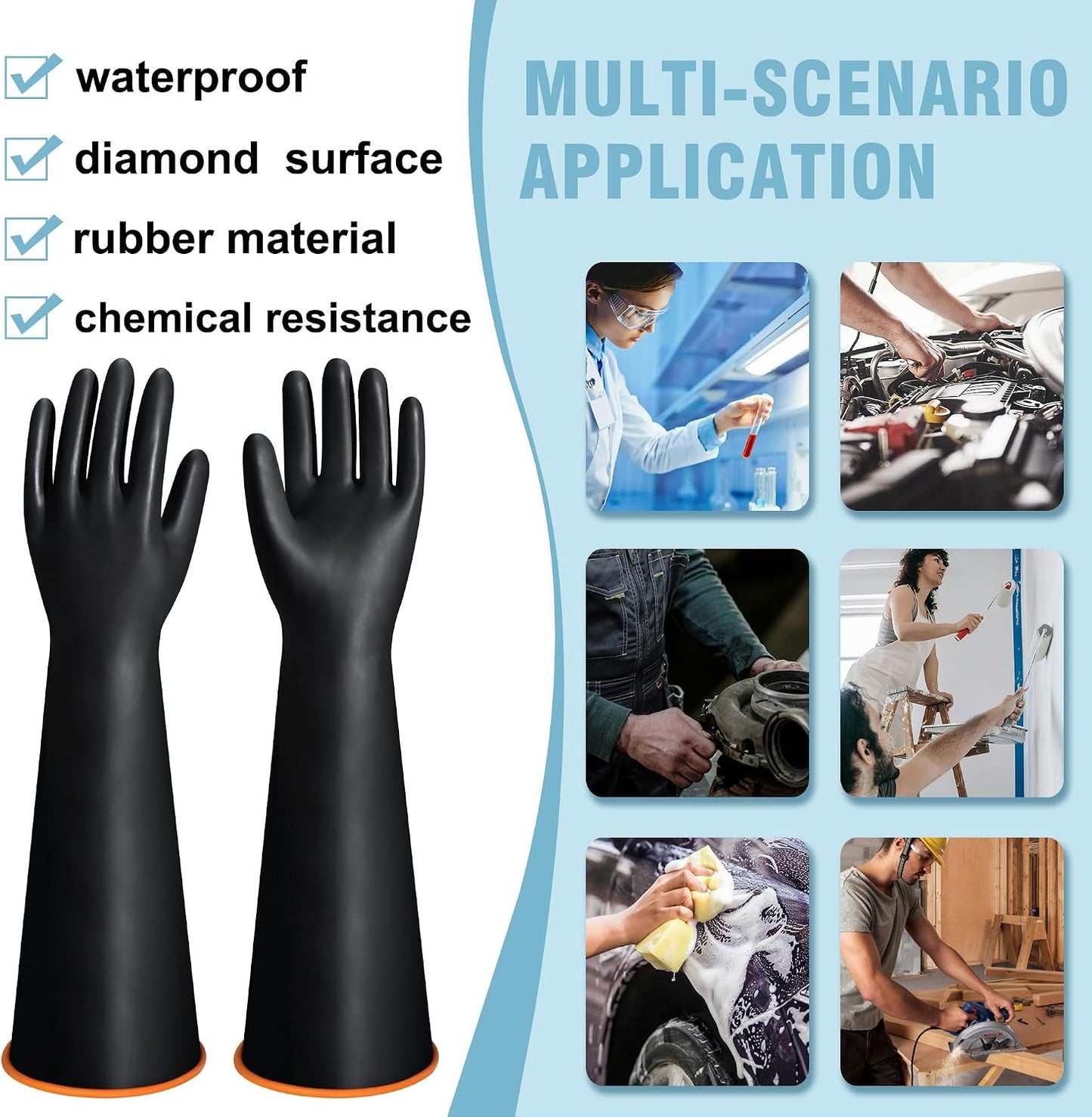 18" XL Size Latex Chemical Resistant Gloves, Reusable Heavy Duty Long Rubber Glove Dishwashing Gloves, Industrial Safety Glove for Men, Forearm Protection Waterproof Resist Strong Acid, Alkali, Oil'