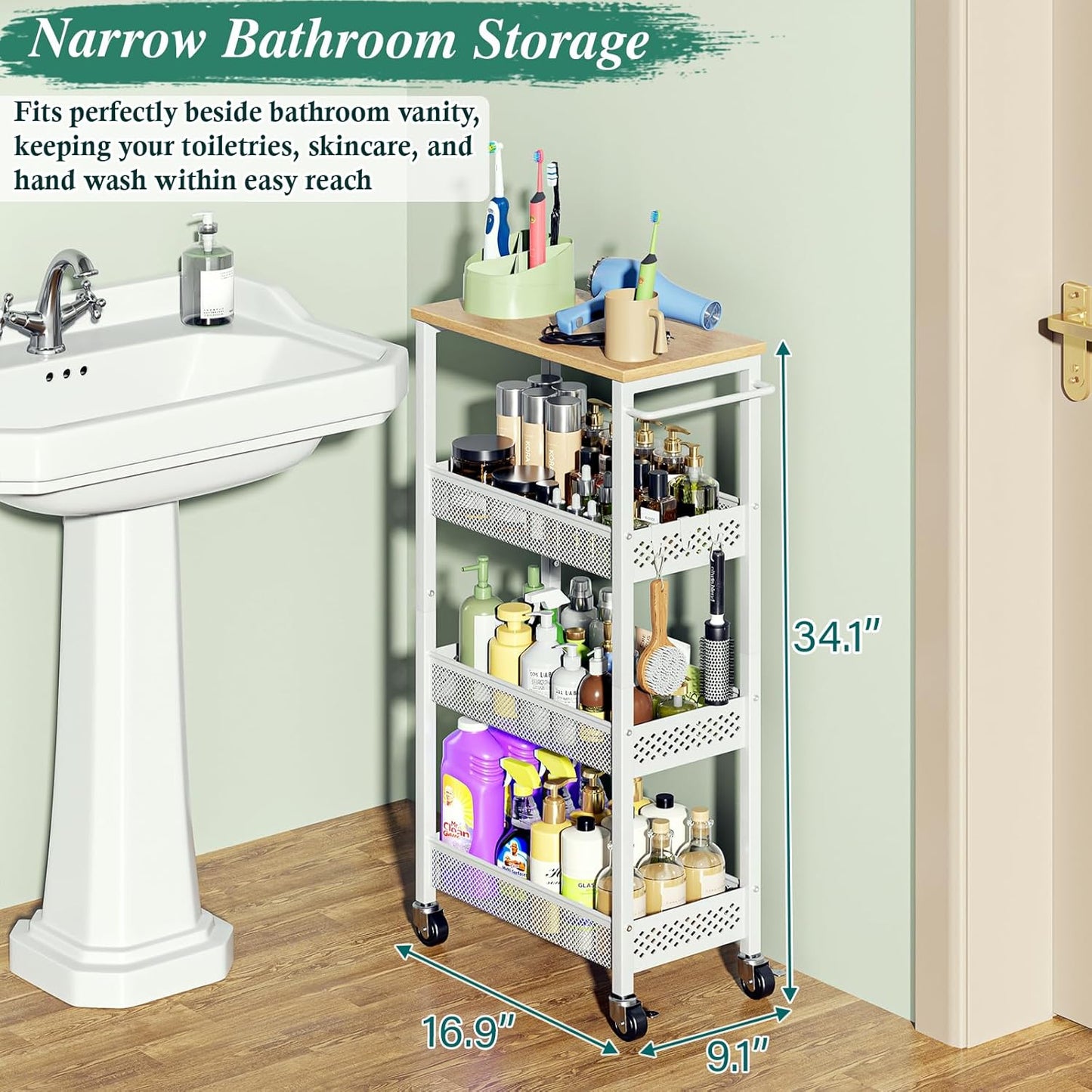 OKZEST Utility Slim Storage Cart, 4 Tier Small Rolling Kitchen Laundry Room Cart with Wood Top, Metal Narrow Bathroom Storage Cabinet Mobile Shelf Unit Organizer Trolley with Handle for Narrow Space