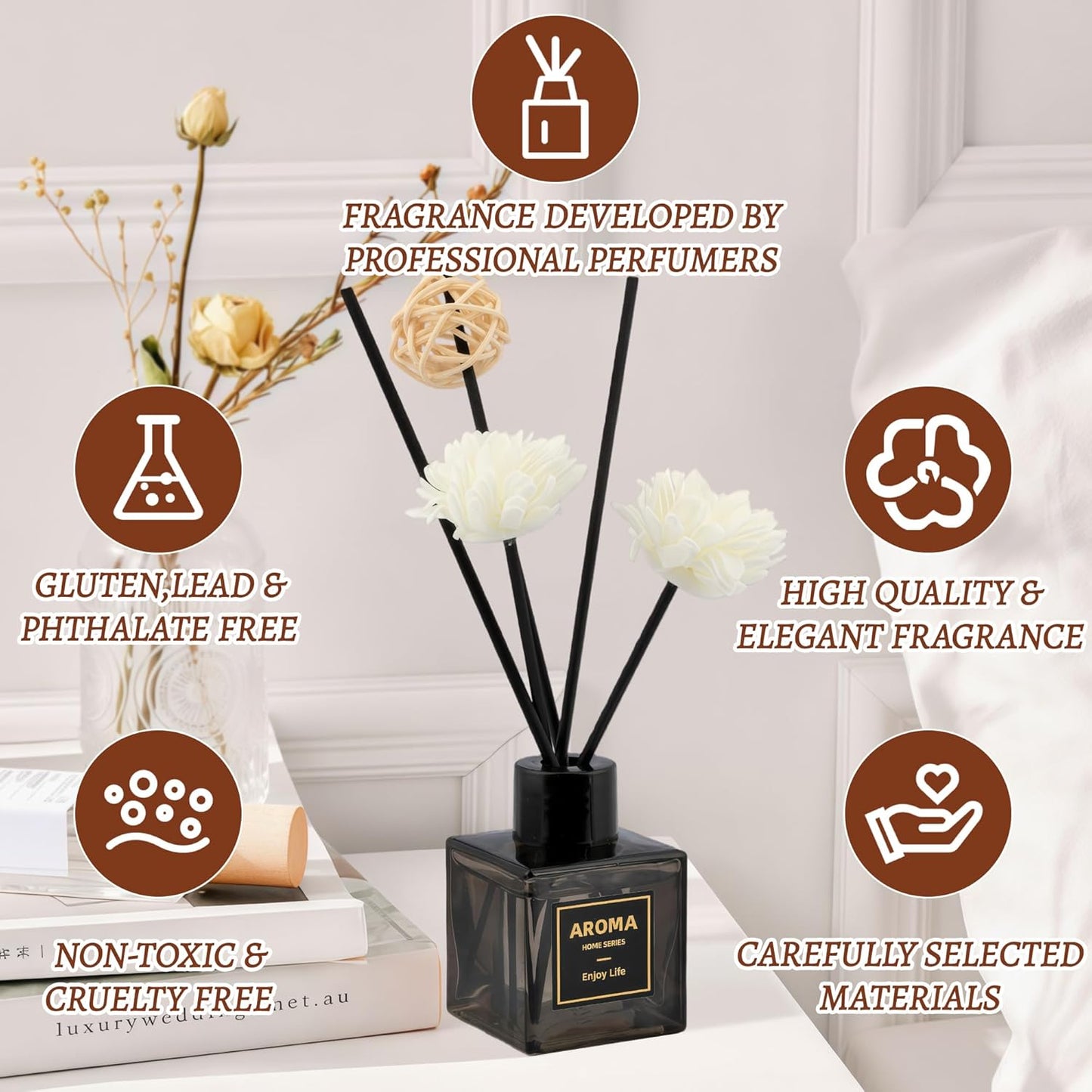 Reed Diffuser Set, 1.7 fl oz Scent Diffuser with Sticks, Freesia Scent for Bathroom Accessories Shelf Decor, Air Fresheners for Home, Home Fragrance Products, House Office Room Decor Aesthetic Gift