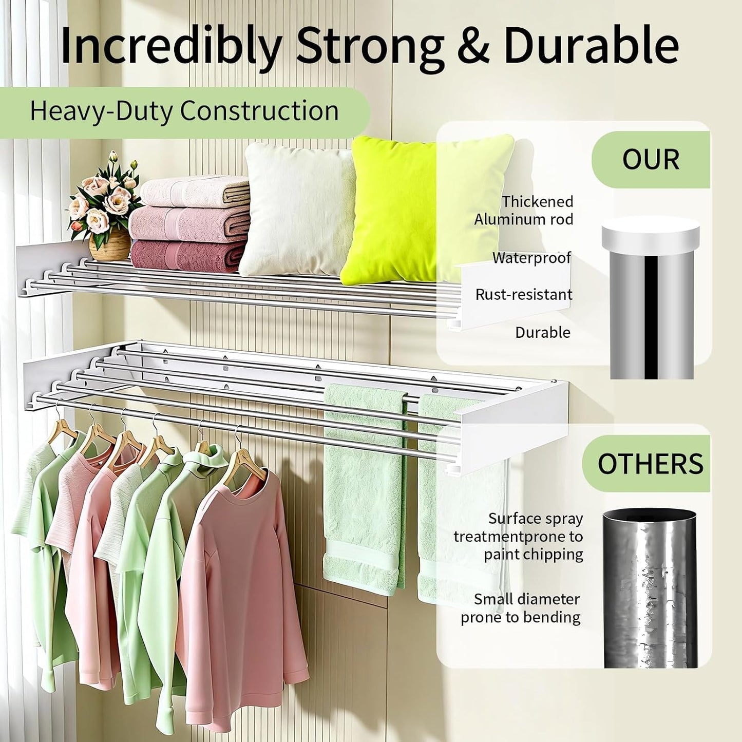 Wall Mounted Clothes Drying Rack Foldable 31.5" Laundry Room Space Saving | Heavy Duty 60 lb Load Drying Rack for Towels, t-Shirt, Jacket & DelicateClothes for Apartment, Bathroom, Laundry Room & RV
