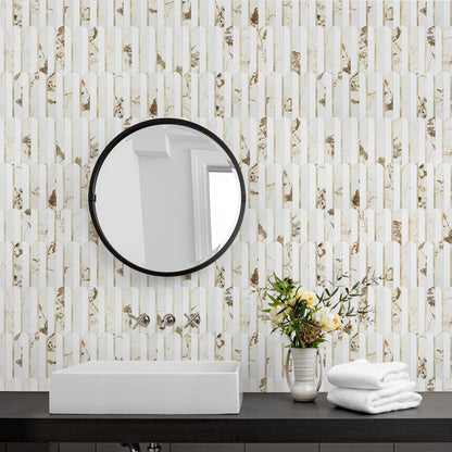 Vamos Peel and Stick Backsplash Seamless Tile for Kitchen and Bathroom,White and Beige Slate PVC Mixed Light Gold Self Adhesive Fish Scale Metal Mosaic Tiles (10 Sheets)