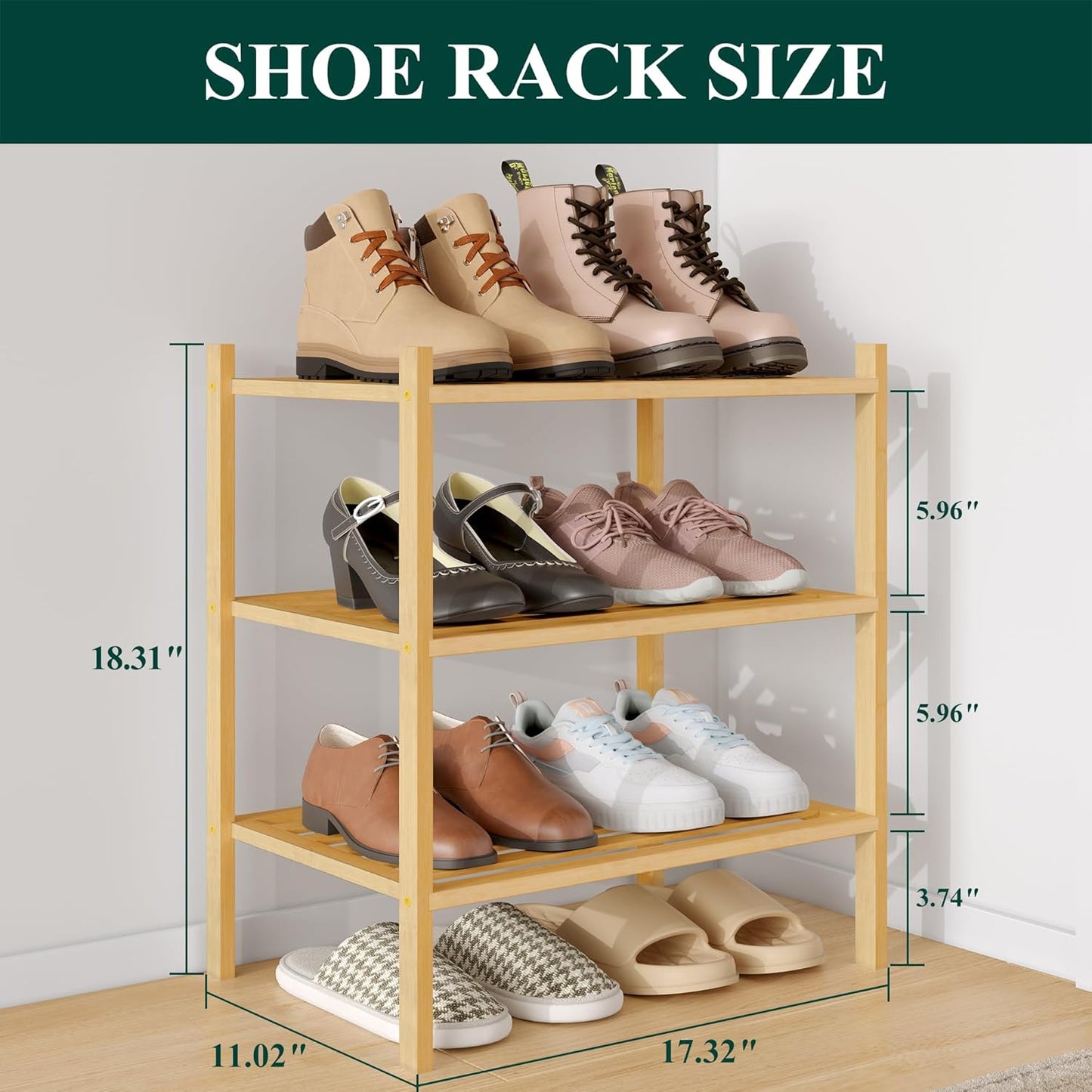 Smiry Bamboo Shoe Rack, 3 Tier Free Standing Wooden Shoe Organizer, Stackable Wood Shoe Storage Shelf for Closet, Entryway, 5 Horizontal Slats, 26.8"x11"x18.3", Natural