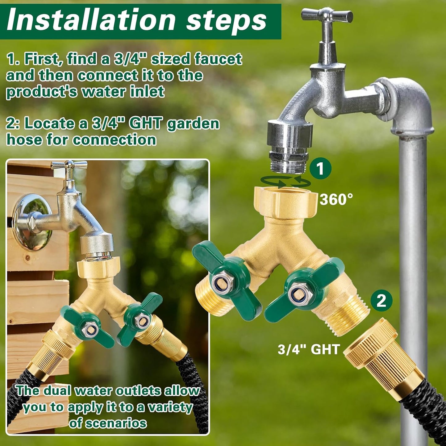 Heavy Duty Garden Hose Splitter 2 Way, Brass Full Flow Y Hose Splitter with Thickened Easy-Turn Handle, 3/4" GHT Outdoor Faucet Connector with Shut-Off Valves