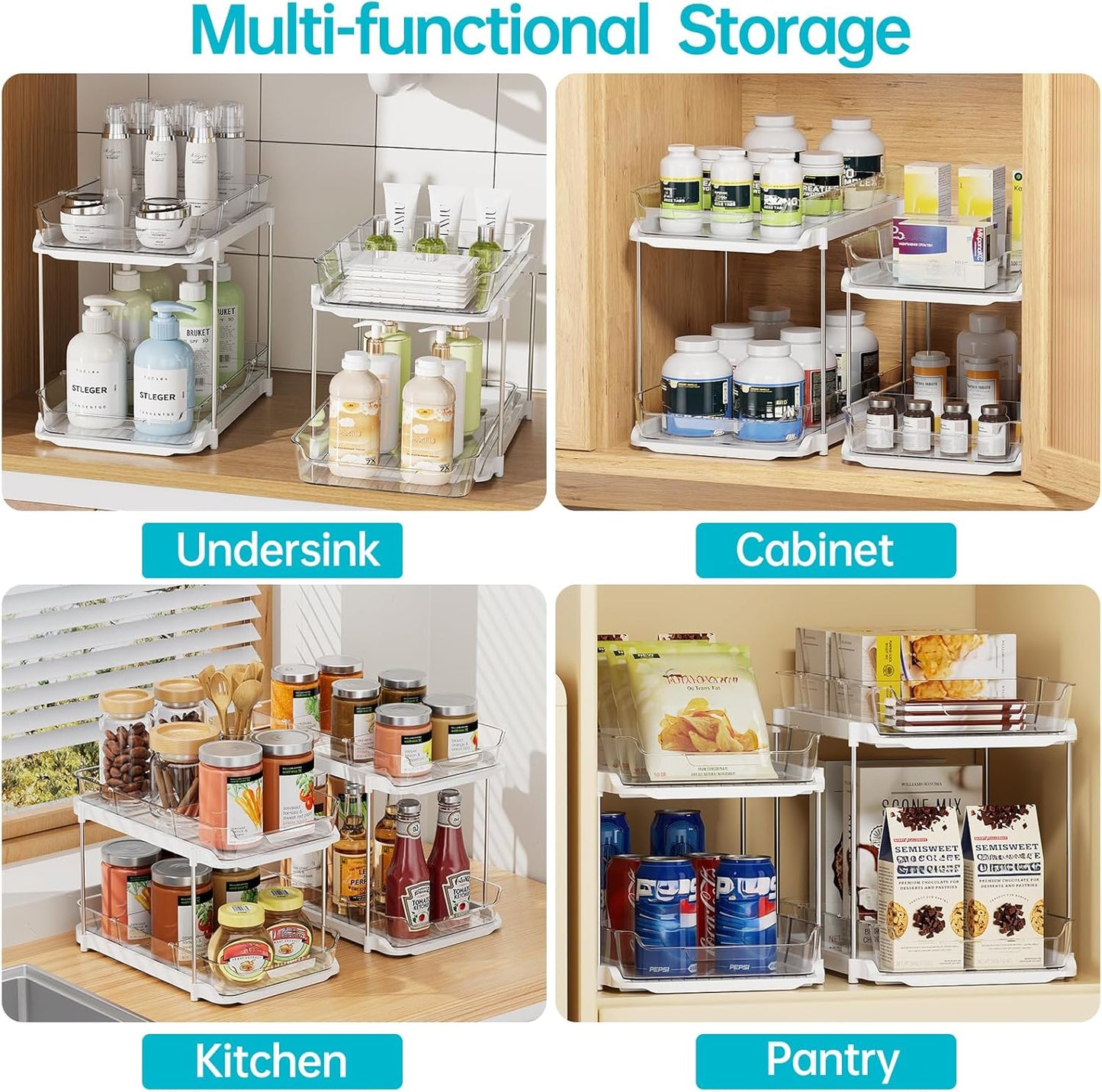 Delamu 2 Sets of 3-Tier Bathroom Under Sink Organizers and Storage, Multi-Purpose Stackable Pantry Organization and Storage, Pull Out Clear Kitchen Bathroom Cabinet Organizer with Movable Dividers | Storage