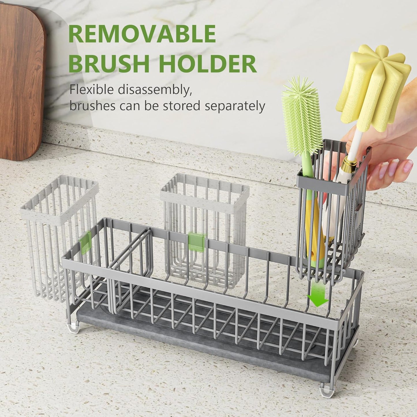 Cisily Extra Large Sink Caddy Organizer with Drying Stone, Black Sponge Holder for Kitchen, Dish Brush Holder for Countertop, Kitchen Decor Storage and Essentials