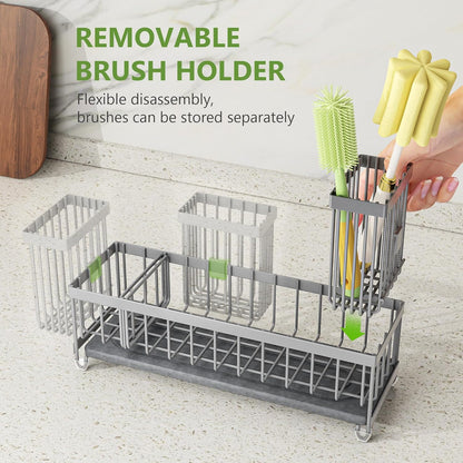 Cisily Extra Large Sink Caddy Organizer with Drying Stone, Black Sponge Holder for Kitchen, Dish Brush Holder for Countertop, Kitchen Decor Storage and Essentials