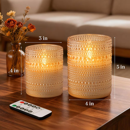 Dotted Glass Flameless Candles with Remote Timer, Real Wax Battery Operated LED Pillar Candles with 3D Flickering Flame for Festival Wedding Home Party Decor, 3" x 4", 4" x 5", Set of 2 (White)