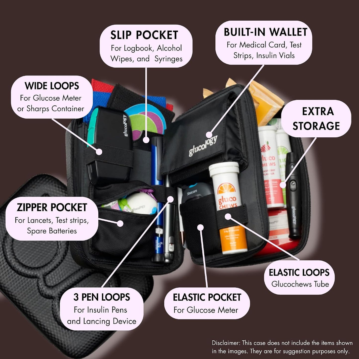 Glucology Large Diabetes Travel Case Hard Shell, Organizer for Glucose Monitor, Insulin Pen, BGL Strips, Syringe, Needles & Diabetic Supplies, Premium & Durable with Extra Compartment, Black