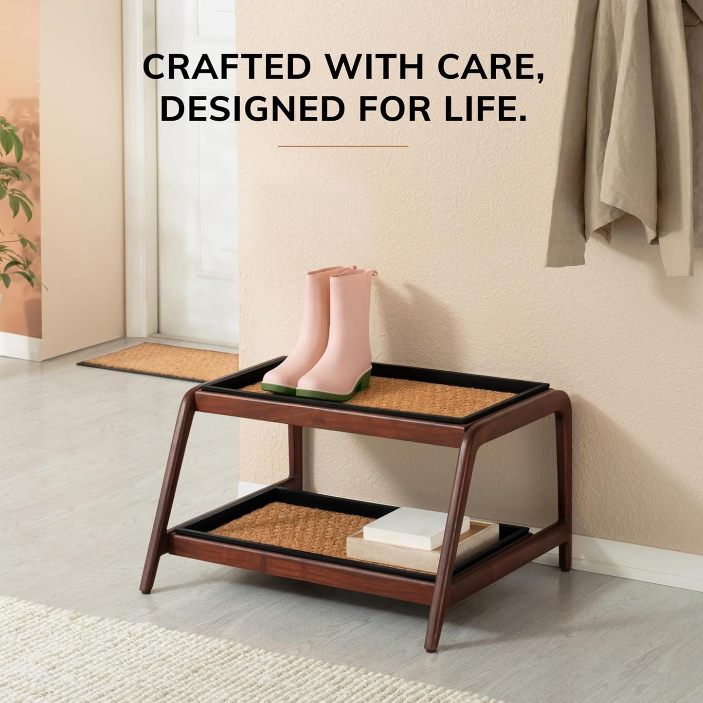 Anji Mountain Heavy Duty Waterproof Wooden Shoe Storage Mat Organizer/Boot Storage Tray Multi Use for Entryway with Coir, Gray and Ivory Insert, 1 Tier, Fits 2 Pair (26.5" Wide)