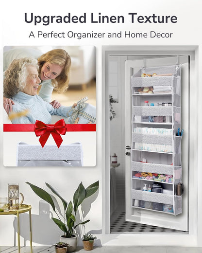 ULG 1 Pack Over Door Organizer with 5 Large Pockets 10 Mesh Side Pockets, Upgraded Linen Texture Over The Door Storage, 44 lbs Weight Capacity Hanging Storage Organizer, Ivory