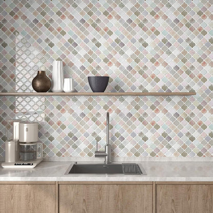 CHIHUT Arabesque Peel and Stick Backsplash 12''x12'' Waterproof Oil Proof Blush Pink Lavender Mottled Marble Self Adhesive Wall Tiles Removable Glossy Stick on Backsplash for Kitchen Bathroom 6 Sheets