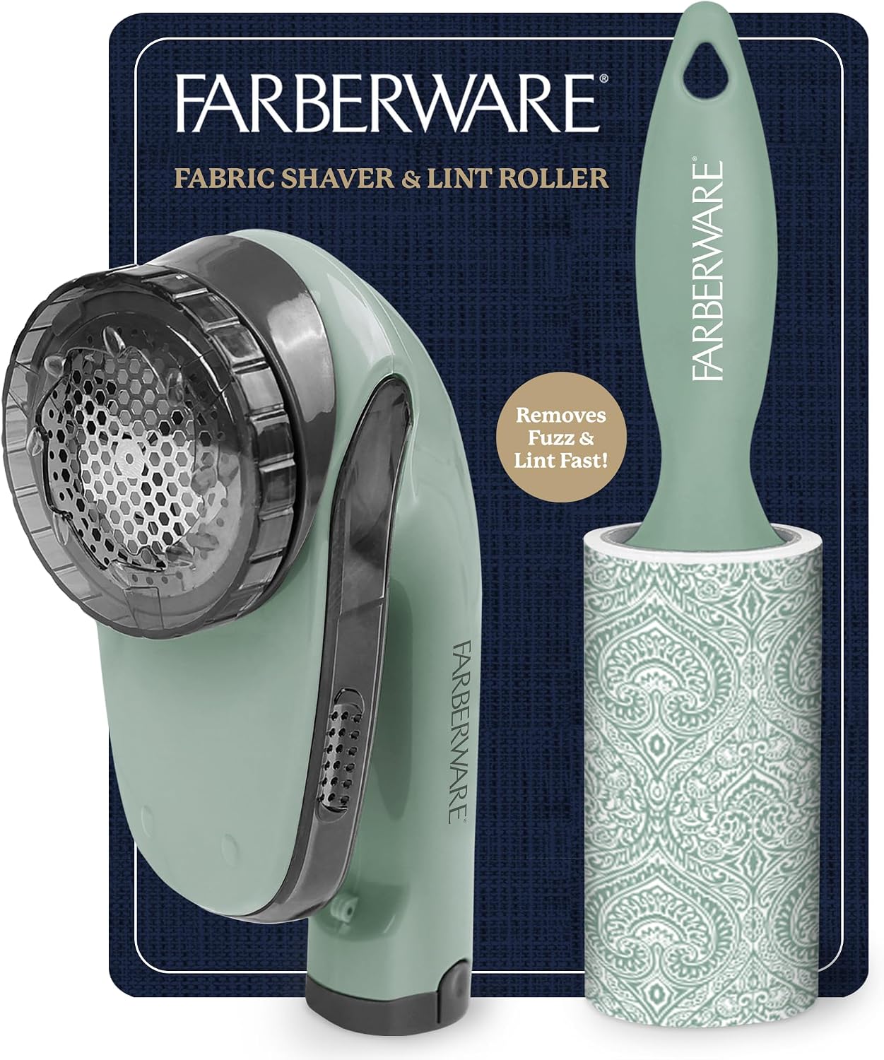 Farberware Fabric Shaver & Lint Remover Set–Battery Operated Sweater Shaver with Triple Blades and Extra Sticky Roller for Pet Hair, Fuzz & Pilling on Clothes, Upholstery & Bedding (Gray/Blue, Small)