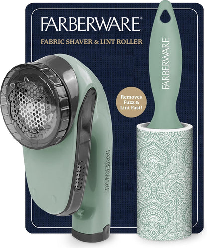 Farberware Fabric Shaver & Lint Remover Set–Battery Operated Sweater Shaver with Triple Blades and Extra Sticky Roller for Pet Hair, Fuzz & Pilling on Clothes, Upholstery & Bedding (Gray/Blue, Small)