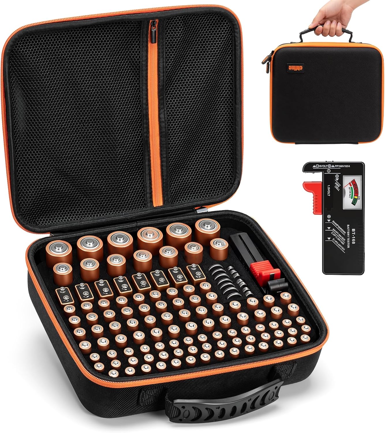 Battery Storage Organiser Case, Battery Storage Box Holds 126+ Batteries Various Sizes AA AAA C D 9V LR44 CR2032 with BT168 Tester, Portable Batteries Storage Box for Home, Travel(Not Included)