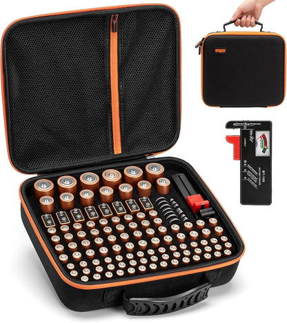 Battery Storage Organiser Case, Battery Storage Box Holds 126+ Batteries Various Sizes AA AAA C D 9V LR44 CR2032 with BT168 Tester, Portable Batteries Storage Box for Home, Travel(Not Included)